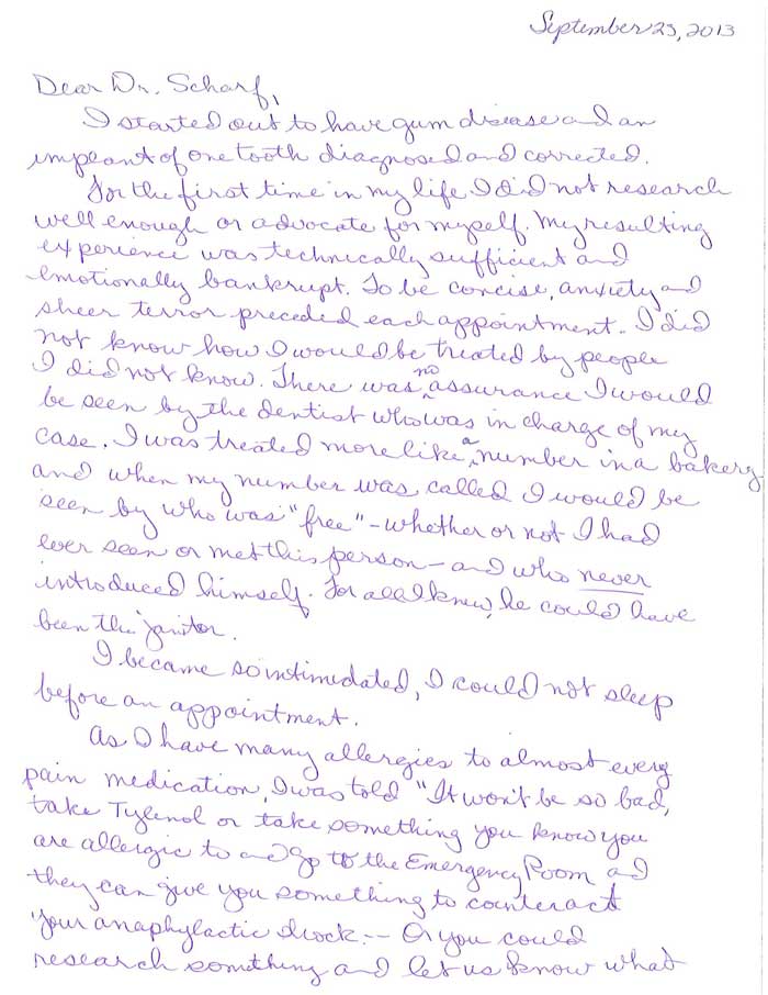 Patient hand written review to Dr. Scharf September 23, 2013.