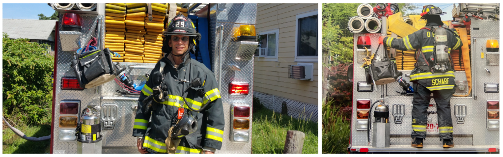 Two images: Dr. Scharf in his fire fighter gear and on the back of the fire truck